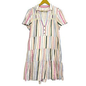 Anthropologie Georgina Tiered Cotton Shirt Dress Size M Beachy Boho Striped